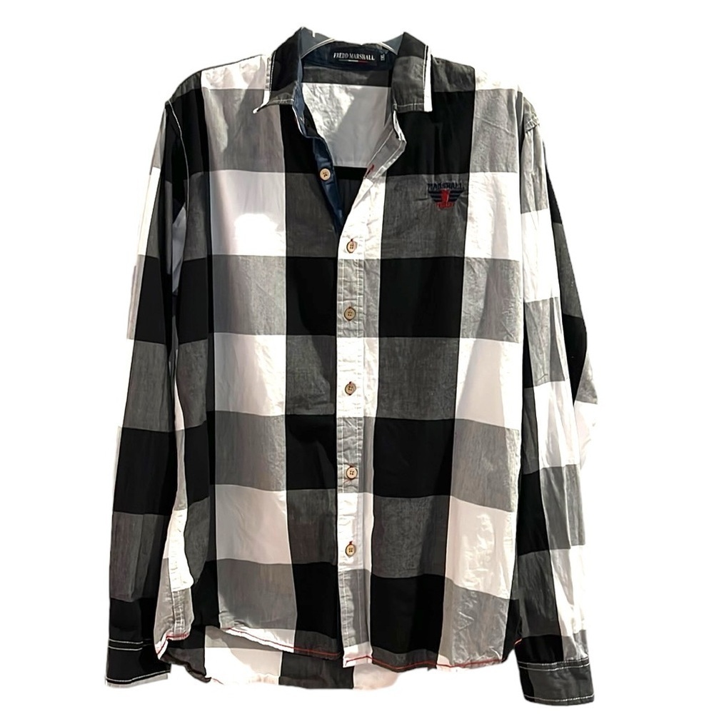 Black and white mens button down with red threading